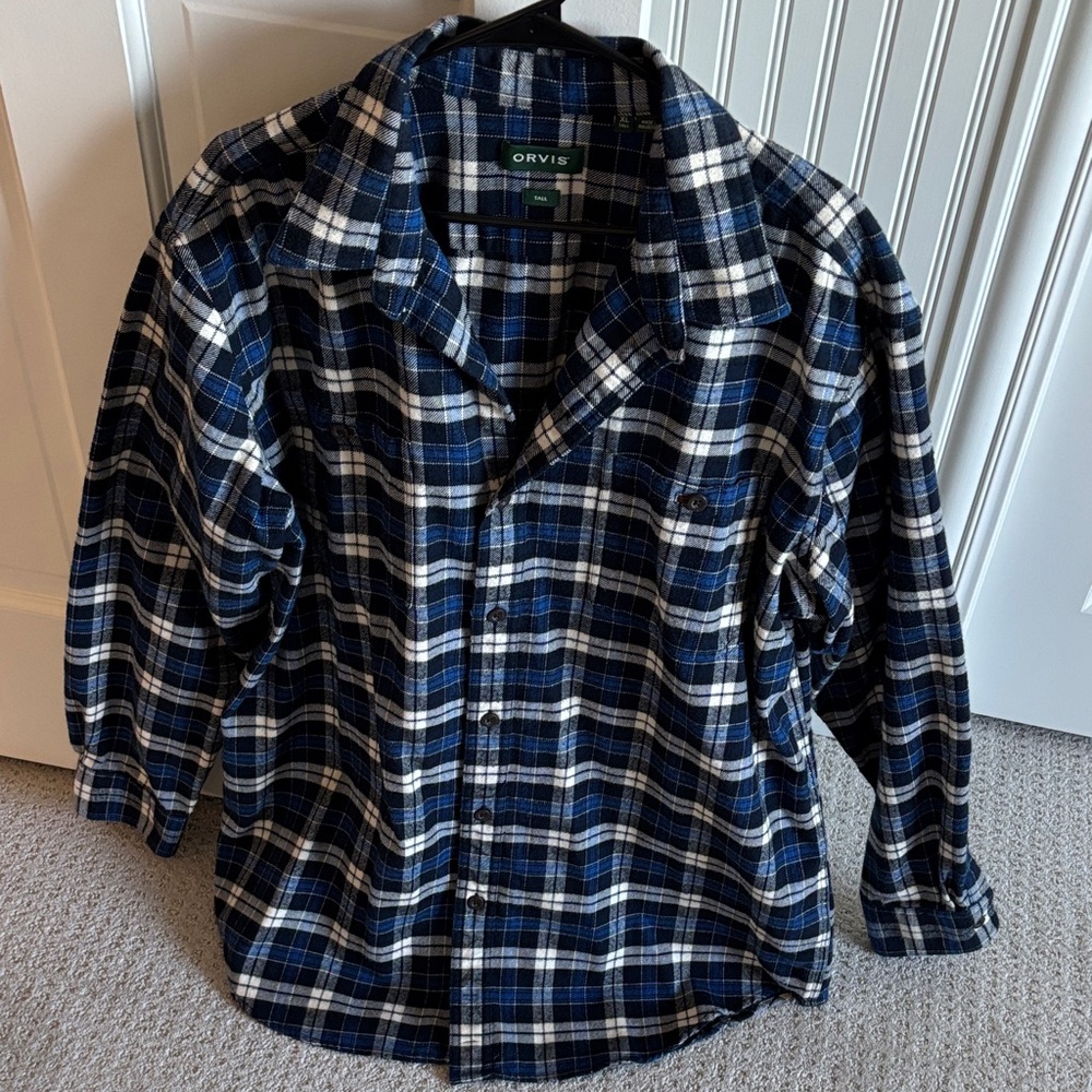 Orvis Navy and White Checkered/Plaid Flannel Casual Shirt Men’s Size XL Tall